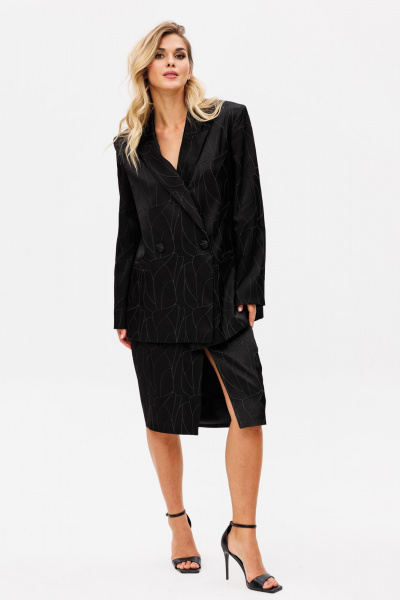 Нарядный комплект жакет и юбка из костюмной ткани с принтом EOLA 2739 черный - фото 1