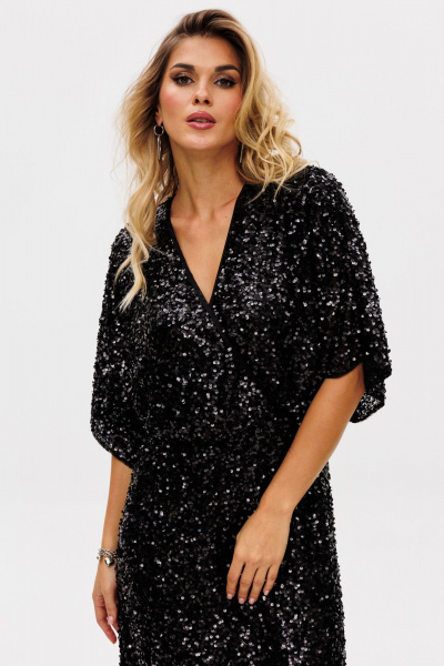 Черное нарядное платье из пайеток и трикотажа с запахом EOLA 2736 черный - фото 9