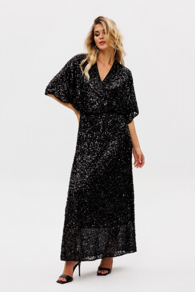 Черное нарядное платье из пайеток и трикотажа с запахом EOLA 2736 черный - фото 5