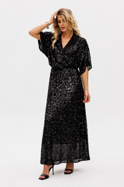 Черное нарядное платье из пайеток и трикотажа с запахом EOLA 2736 черный - фото 3