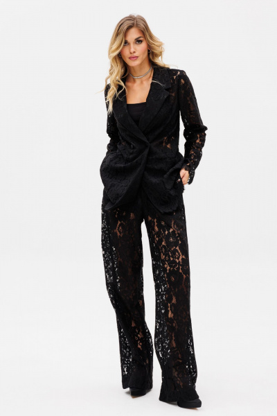Черный нарядный комплект жакет и брюки из гипюра EOLA 2733 черный - фото 1