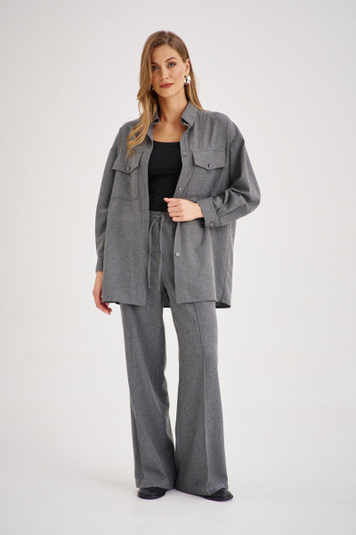 Серлая свободная рубашка из текстиля с кокетками и крупными пуговицами EZER 1704 серый_меланж - фото 3