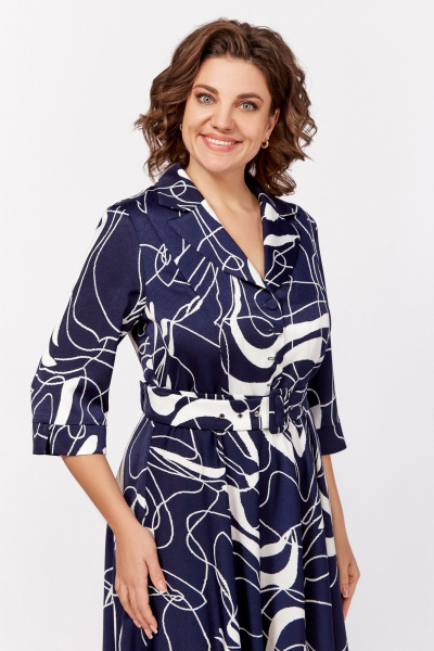 Платье с V-образным вырезом и отложным воротником из вискозы Swallow 795 синий,принт«белая_абстракция» - фото 8