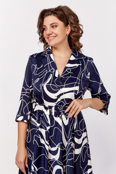 Платье с V-образным вырезом и отложным воротником из вискозы Swallow 795 синий,принт«белая_абстракция» - фото 7