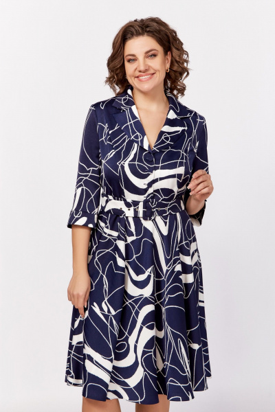 Платье с V-образным вырезом и отложным воротником из вискозы Swallow 795 синий,принт«белая_абстракция» - фото 6