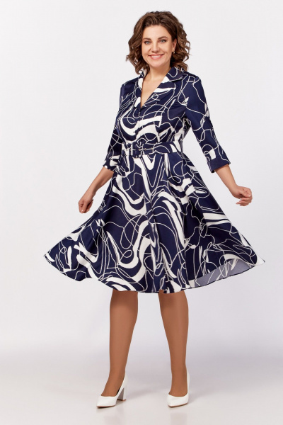 Платье с V-образным вырезом и отложным воротником из вискозы Swallow 795 синий,принт«белая_абстракция» - фото 4