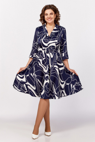 Платье с V-образным вырезом и отложным воротником из вискозы Swallow 795 синий,принт«белая_абстракция» - фото 3