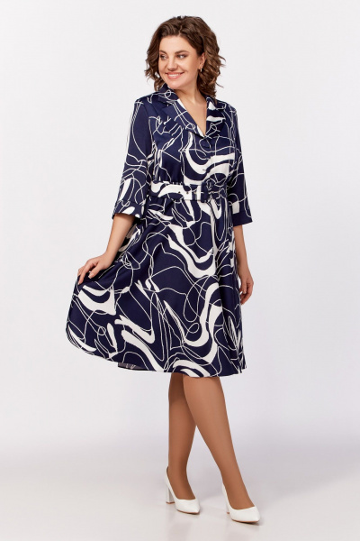 Платье с V-образным вырезом и отложным воротником из вискозы Swallow 795 синий,принт«белая_абстракция» - фото 2