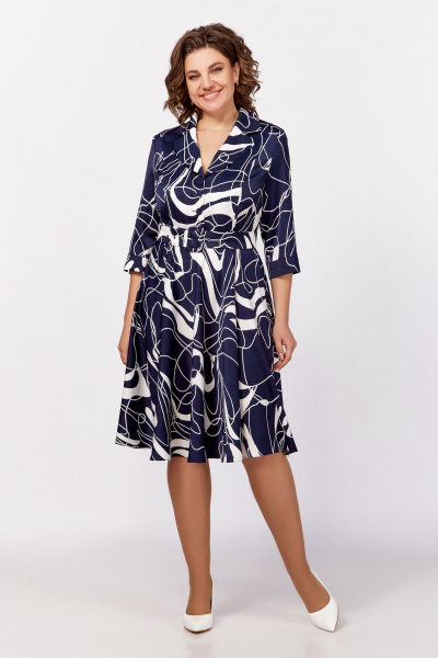 Платье с V-образным вырезом и отложным воротником из вискозы Swallow 795 синий,принт«белая_абстракция» - фото 1