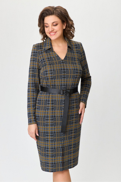 Платье длиной 105 см из трикотажа в нейтральных оттенках DaLi 5718 серый_клетка - фото 4