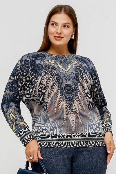 Джемпер свободного силуэта из трикотажа с купонным рисунком La rouge 3373 синий-набивной - фото 1