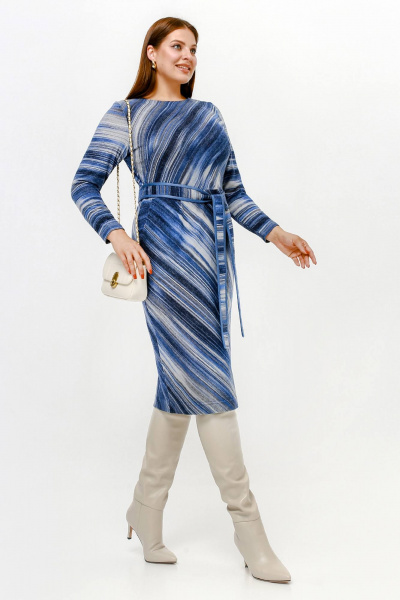Платье полуприлегающего силуэта с нагрудными вытачками и поясом из искусственной ангины La rouge 5474 синий-(полоска) - фото 6