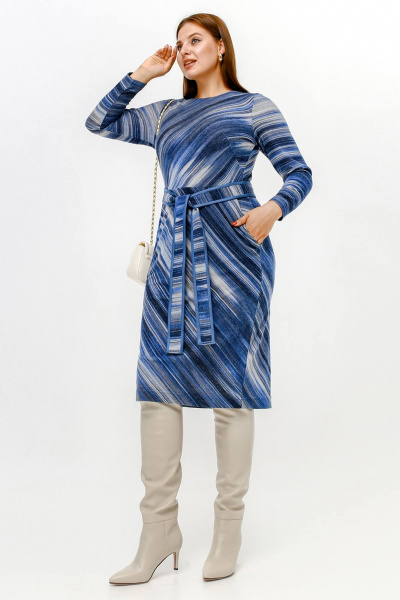 Платье полуприлегающего силуэта с нагрудными вытачками и поясом из искусственной ангины La rouge 5474 синий-(полоска) - фото 5