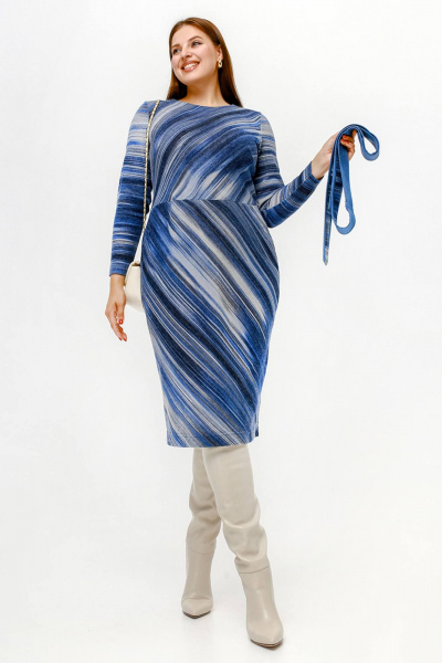 Платье полуприлегающего силуэта с нагрудными вытачками и поясом из искусственной ангины La rouge 5474 синий-(полоска) - фото 3