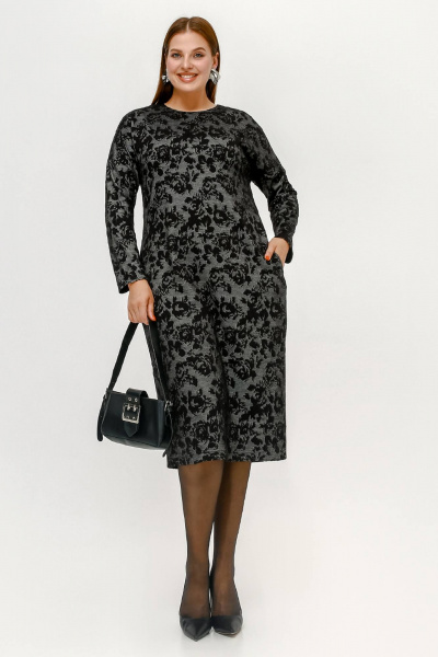 Платье свободного силуэта с карманами и жаккардовым рисунком розы La rouge 5475 серый-(розы) - фото 2