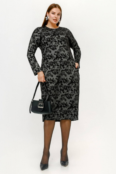 Платье свободного силуэта с карманами и жаккардовым рисунком розы La rouge 5475 серый-(розы) - фото 1