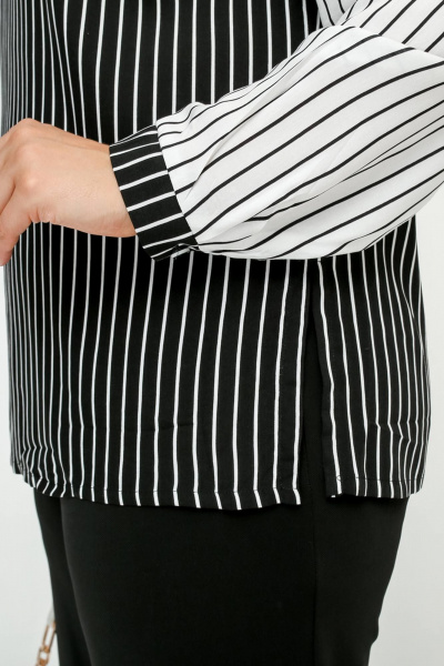Блуза из штапельной полоски с кокетками и разрезами La rouge 6299 черно-белый-(полоска) - фото 7