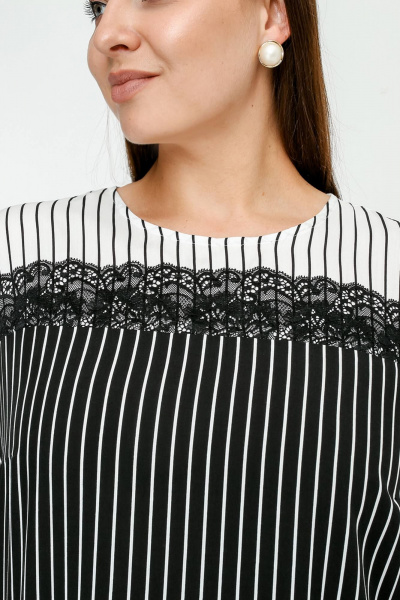 Блуза из штапельной полоски с кокетками и разрезами La rouge 6299 черно-белый-(полоска) - фото 5
