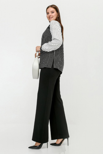 Блуза из штапельной полоски с кокетками и разрезами La rouge 6299 черно-белый-(полоска) - фото 3