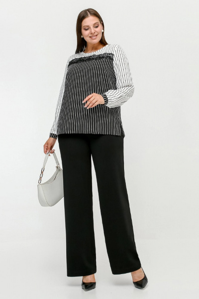 Блуза из штапельной полоски с кокетками и разрезами La rouge 6299 черно-белый-(полоска) - фото 2