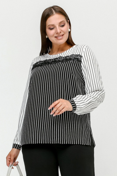 Блуза из штапельной полоски с кокетками и разрезами La rouge 6299 черно-белый-(полоска) - фото 1
