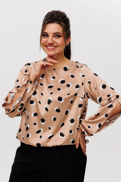 Блуза из текстиля с разрезами на руках и эластичным поясом Anelli 1355 латте_макиате - фото 7