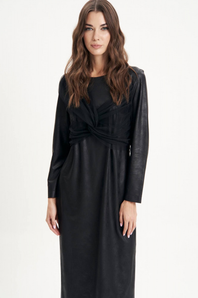 Черное платье из экокожи с эффектной отделкой и разрезами Fantazia Mod 4682 - фото 4