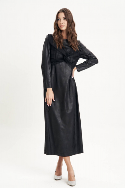 Черное платье из экокожи с эффектной отделкой и разрезами Fantazia Mod 4682 - фото 1