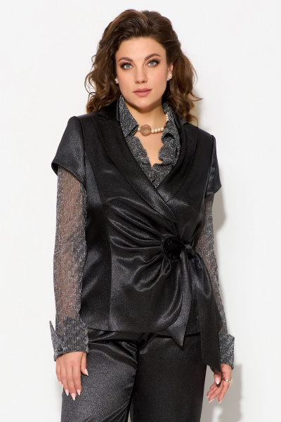 Костюм с жакетом, брюками и блузкой из жатой сетки Fita 1924 черно-серый - фото 4