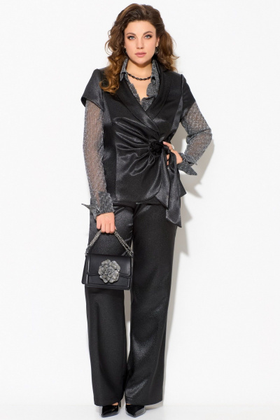 Костюм с жакетом, брюками и блузкой из жатой сетки Fita 1924 черно-серый - фото 3