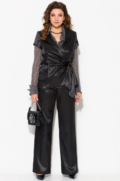 Костюм с жакетом, брюками и блузкой из жатой сетки Fita 1924 черно-серый - фото 1