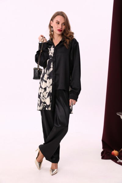 Стильные свободные брюки с широким поясом и карманами NikVa 705-4 чёрный - фото 2