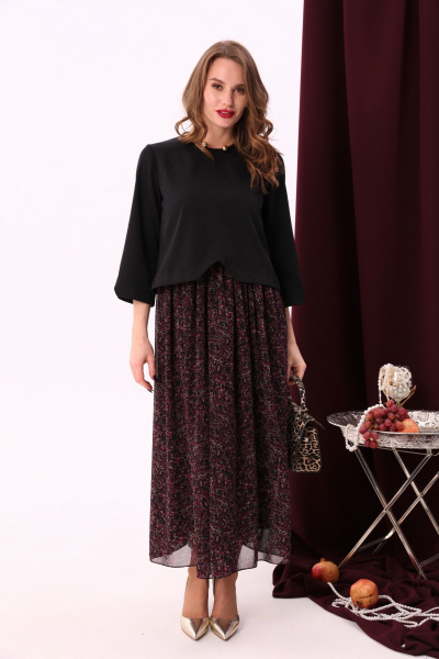 Комбинированное макси платье с V-образным вырезом и шифоном NikVa 740-6 чёрный+винный_ леопард - фото 5