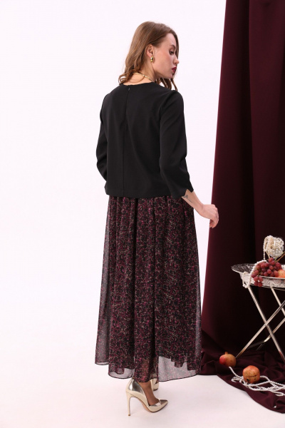 Комбинированное макси платье с V-образным вырезом и шифоном NikVa 740-6 чёрный+винный_ леопард - фото 4