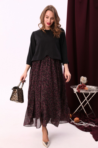 Комбинированное макси платье с V-образным вырезом и шифоном NikVa 740-6 чёрный+винный_ леопард - фото 2