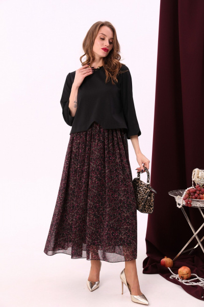Комбинированное макси платье с V-образным вырезом и шифоном NikVa 740-6 чёрный+винный_ леопард - фото 1