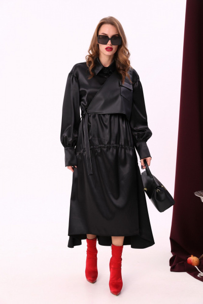 Миди платье свободного кроя из текстиля и экокожи с воротником-стойкой NikVa 802-1 чёрный - фото 7