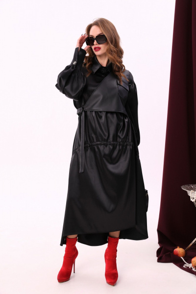 Миди платье свободного кроя из текстиля и экокожи с воротником-стойкой NikVa 802-1 чёрный - фото 4