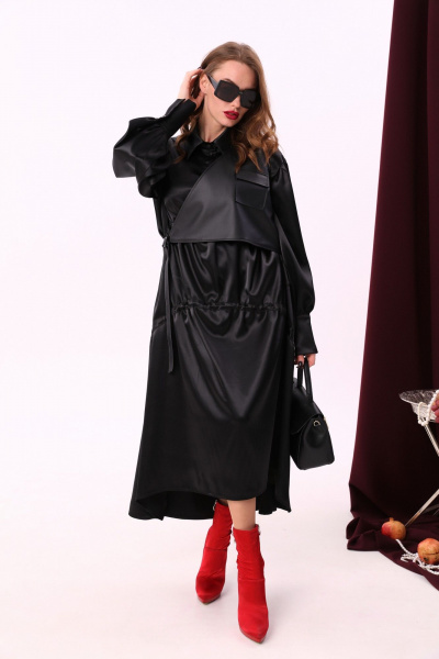 Миди платье свободного кроя из текстиля и экокожи с воротником-стойкой NikVa 802-1 чёрный - фото 3