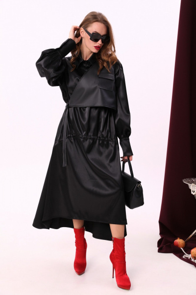 Миди платье свободного кроя из текстиля и экокожи с воротником-стойкой NikVa 802-1 чёрный - фото 2