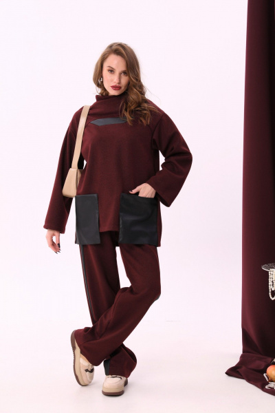 Джемпер с воротником хомут и вставками из отделочной ткани NikVa 906-1 винный+чёрный - фото 5