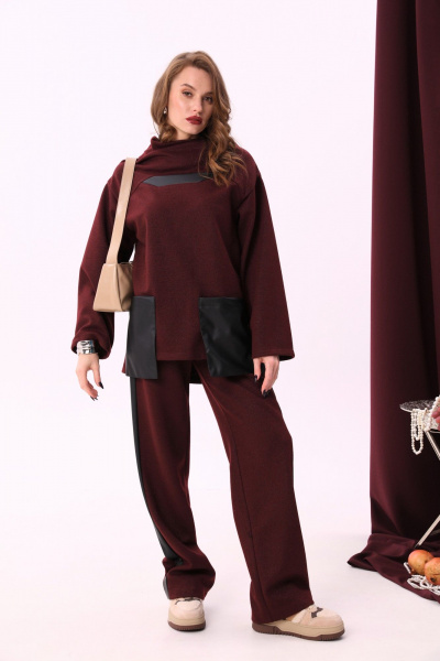Джемпер с воротником хомут и вставками из отделочной ткани NikVa 906-1 винный+чёрный - фото 3
