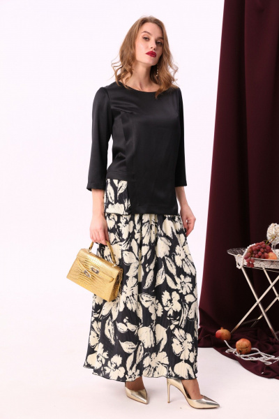 Блуза свободного кроя с складками и воротником с молнией NikVa 915-1 чёрный-беж - фото 5