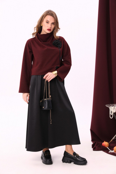 Платье прямого силуэта с оборками и декоративным цветком NikVa 924-1 бордо+чёрный - фото 9