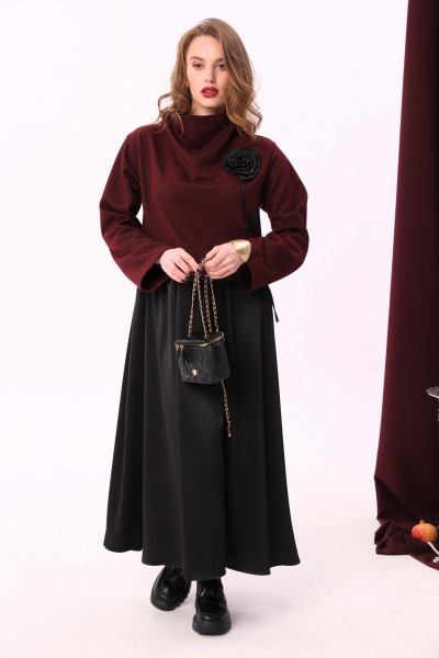 Платье прямого силуэта с оборками и декоративным цветком NikVa 924-1 бордо+чёрный - фото 2