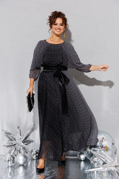 Платье нарядное шифоновое с пелериной и капельным вырезом Anastasia 063.1 черно-серый - фото 4