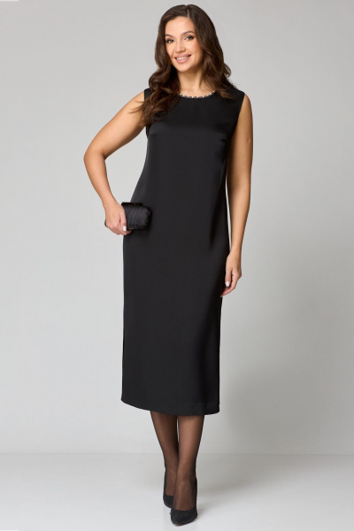 Черное платье из атласа с бусинами и брошью Мишель стиль 1230 черно-молочный - фото 9