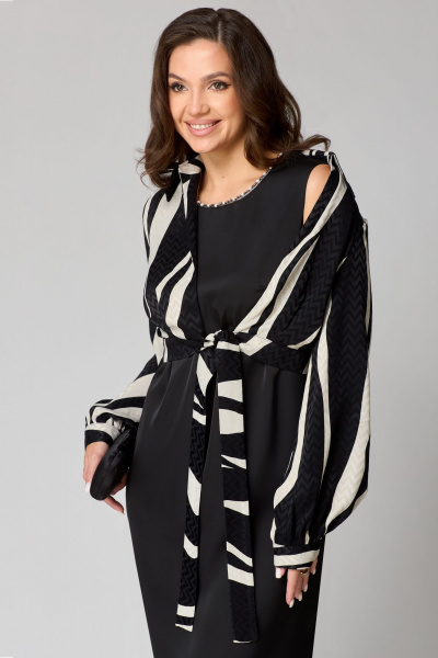 Черное платье из атласа с бусинами и брошью Мишель стиль 1230 черно-молочный - фото 8