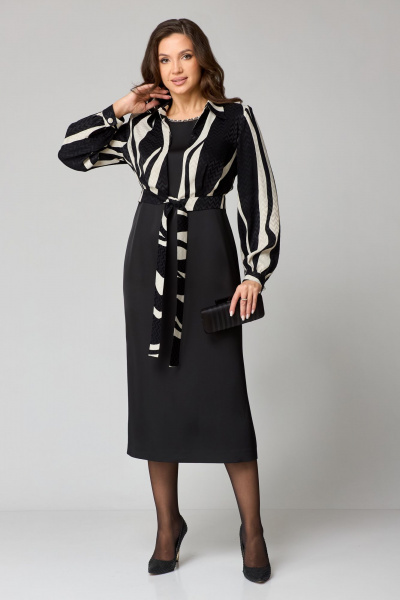 Черное платье из атласа с бусинами и брошью Мишель стиль 1230 черно-молочный - фото 7