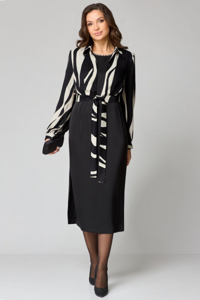 Черное платье из атласа с бусинами и брошью Мишель стиль 1230 черно-молочный - фото 3